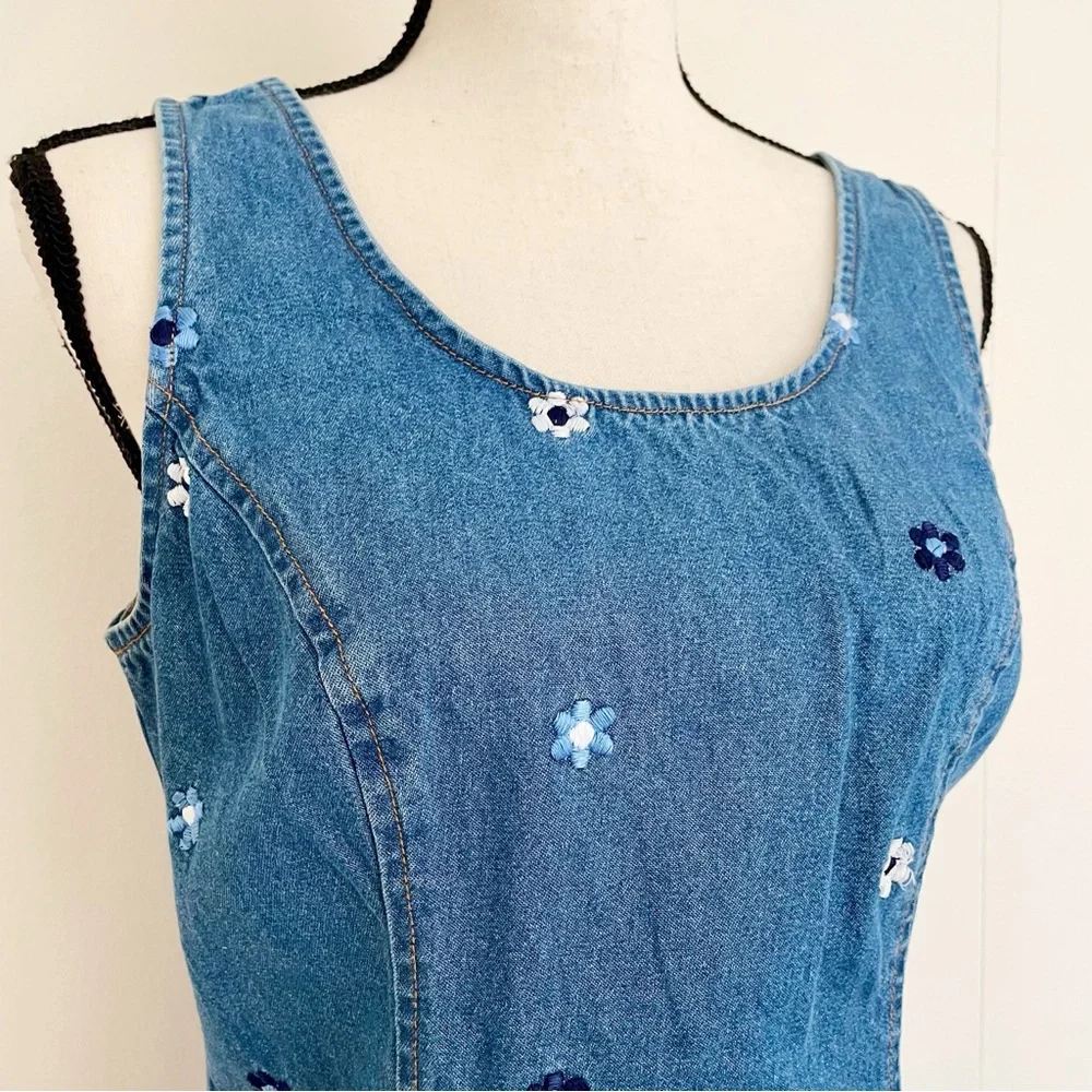 SOLD :: Vintage 90s Floral Embroidery Denim Mini Dress - Picture 3 of 6